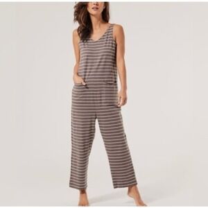 PACT 100% Cotton Gray Striped Pockets Lounge Relaxed Overall Jumpsuit sz L
